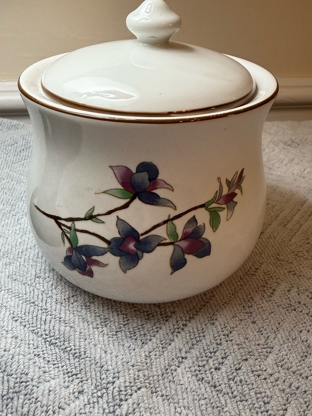 Porcelain Floral Covered Sugar Jar with Purple & Blue Blossoms
